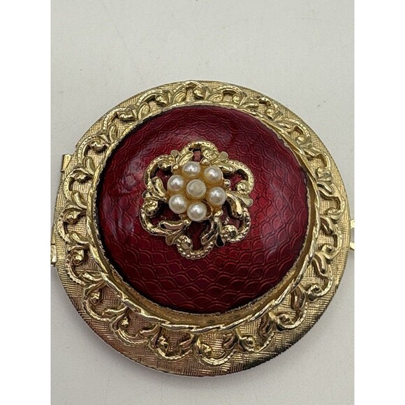 Vintage Mid Century Gold With Red Guilloche Enamel Seed Pearls Locket - Picture 5 of 5